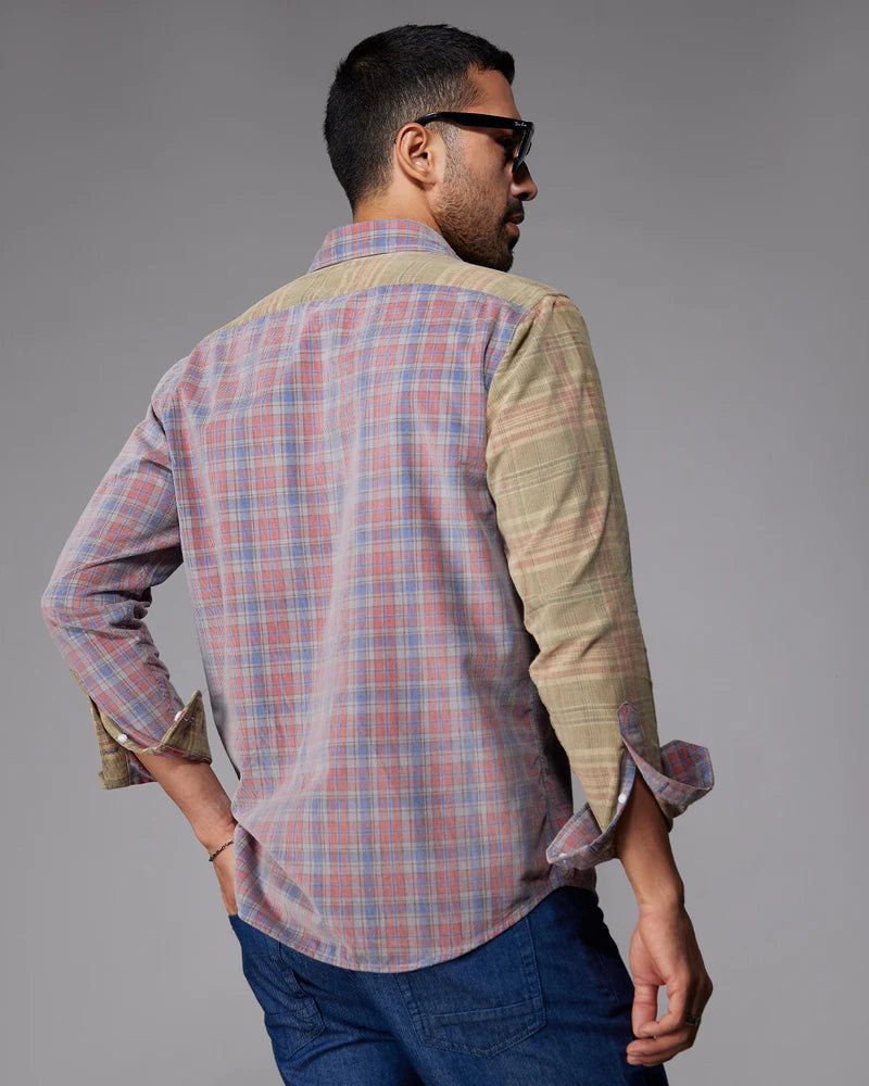 Stylish Men’s Red & Grey Corduroy Cut & Sew Checked Shirt with Modern Pattern and Soft Fabric