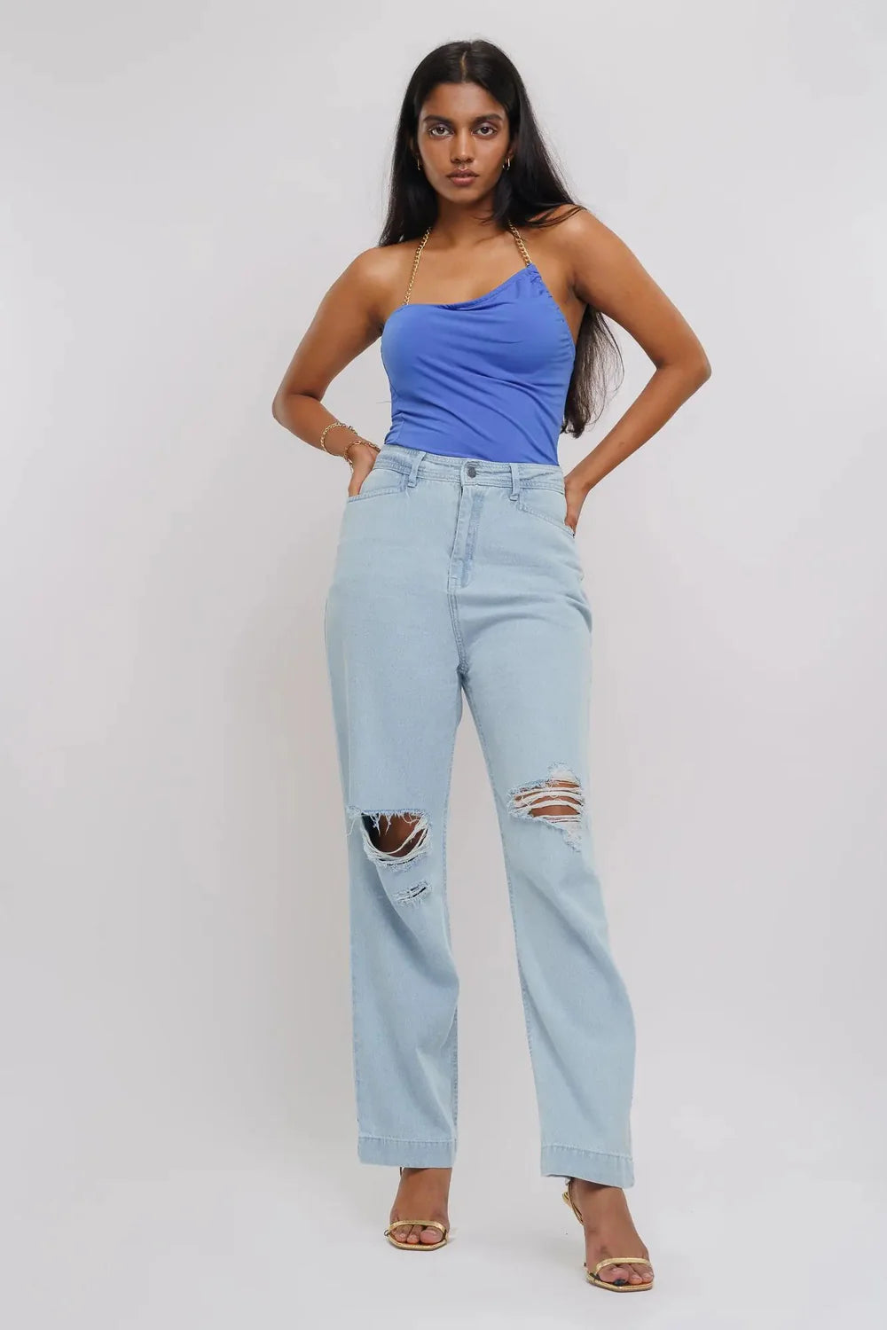 Ice Blue Distressed Women’s Straight Jeans with Soft Washed Denim and Mid-Rise Fit