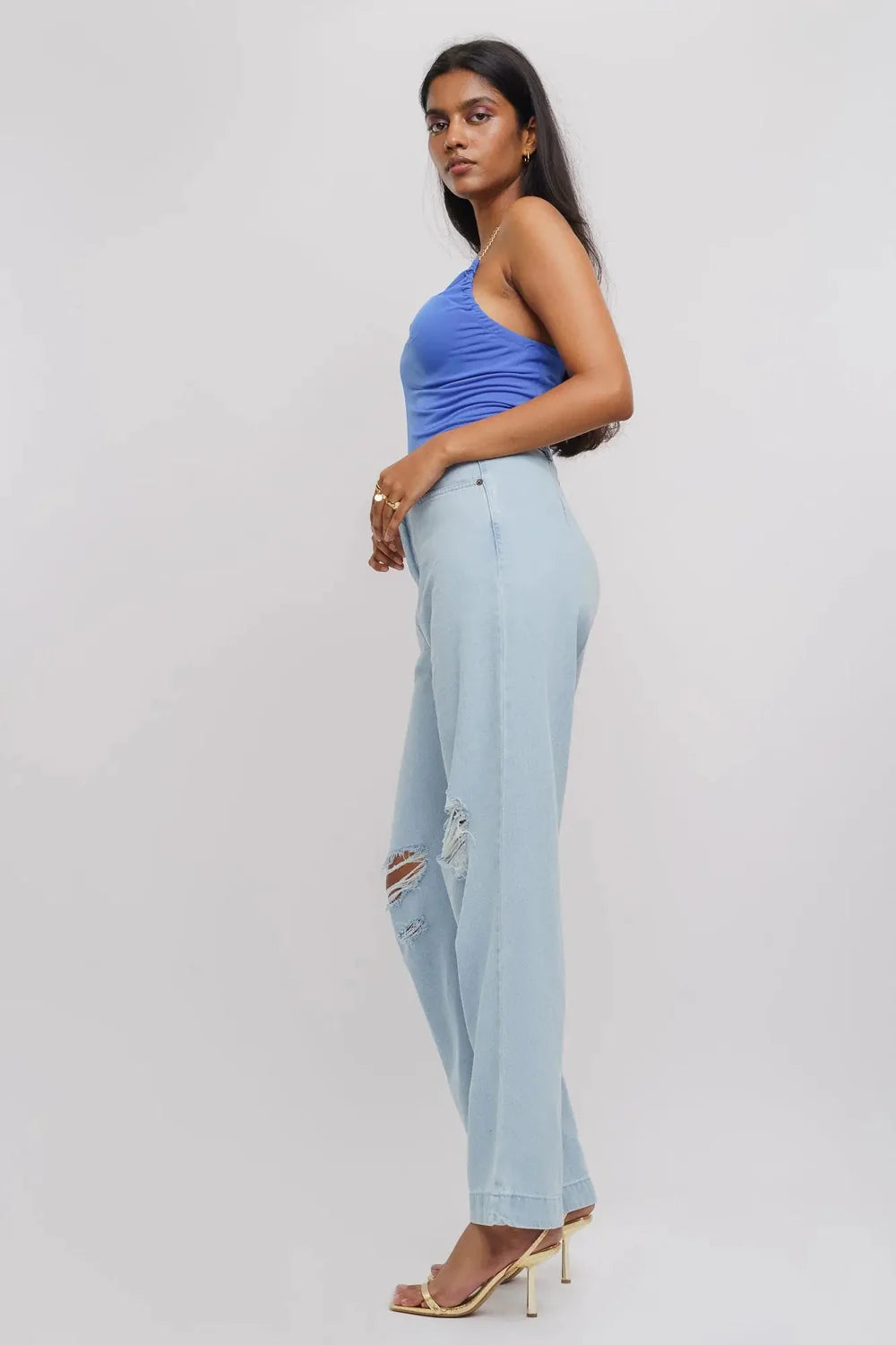 Ice Blue Distressed Women’s Straight Jeans with Soft Washed Denim and Mid-Rise Fit