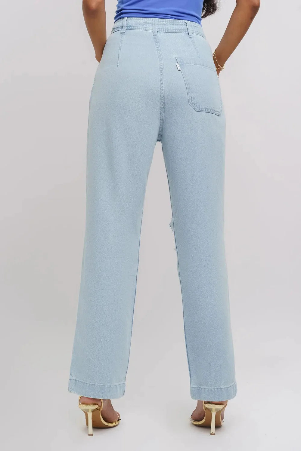 Ice Blue Distressed Women’s Straight Jeans with Soft Washed Denim and Mid-Rise Fit