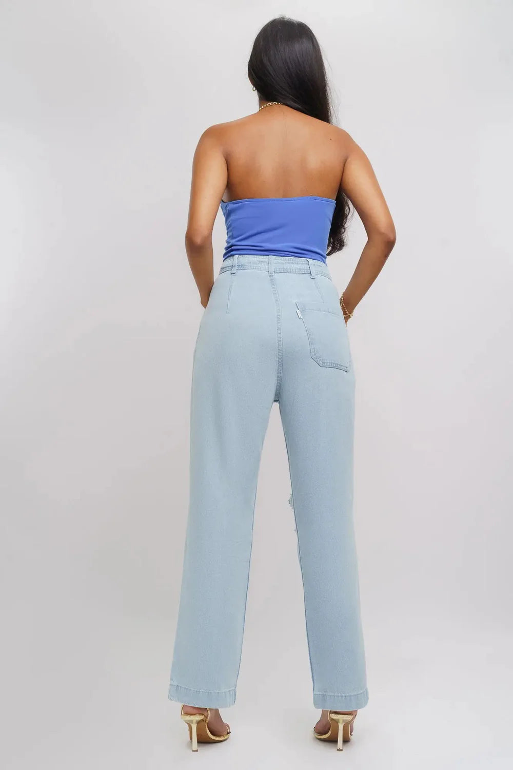 Ice Blue Distressed Women’s Straight Jeans with Soft Washed Denim and Mid-Rise Fit