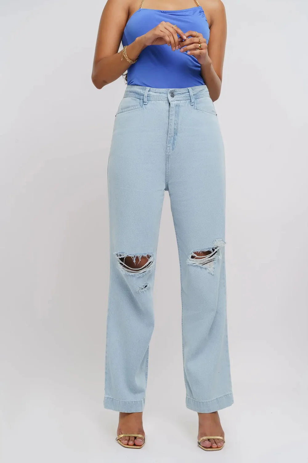 Ice Blue Distressed Women’s Straight Jeans with Soft Washed Denim and Mid-Rise Fit