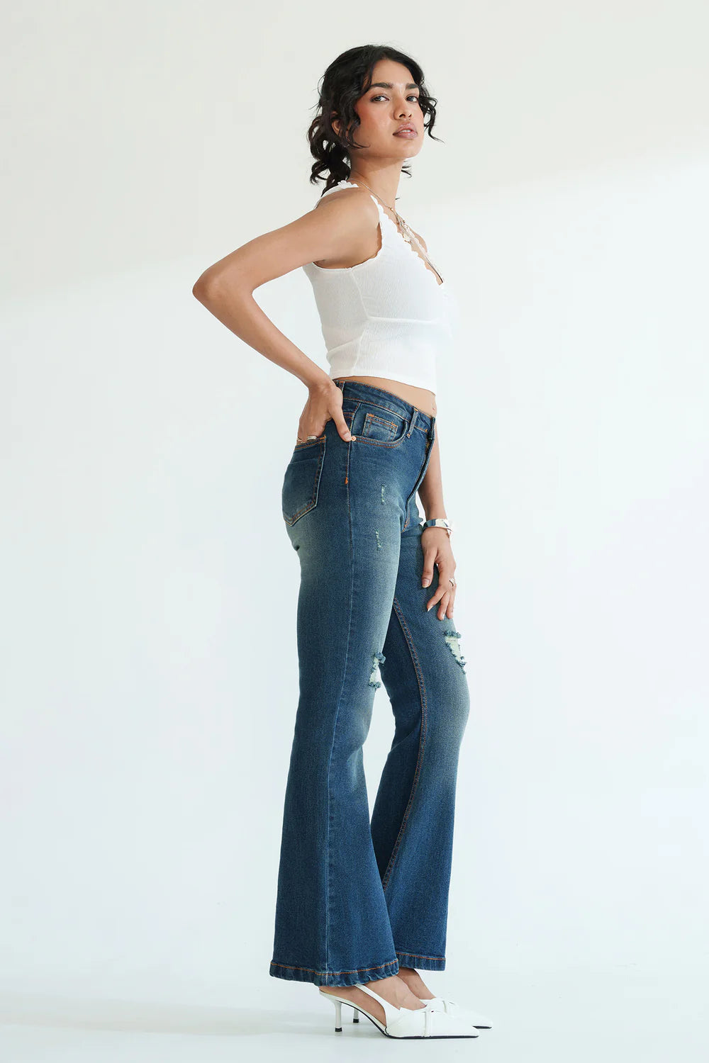 Retro Blue Bootcut Jeans for Women with Soft Washed Vintage Finish