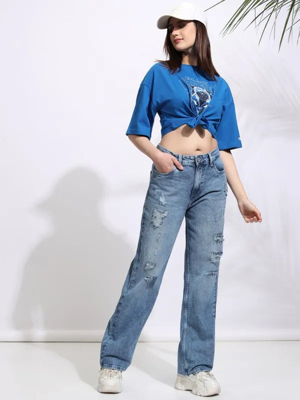 Women Blue Straight Fit Highly Distressed Non Stretchable Jeans