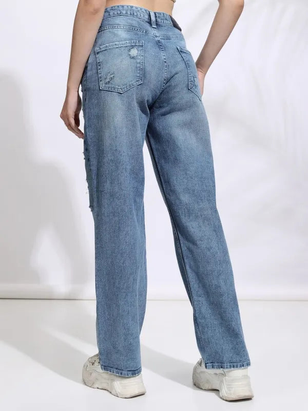 Women Blue Straight Fit Highly Distressed Non Stretchable Jeans