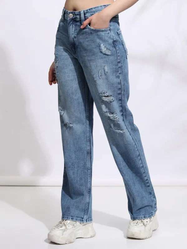 Women Blue Straight Fit Highly Distressed Non Stretchable Jeans