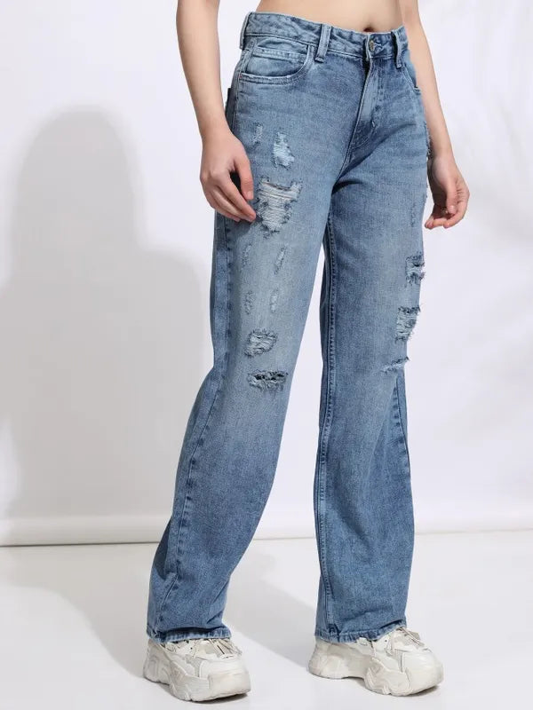 Women Blue Straight Fit Highly Distressed Non Stretchable Jeans