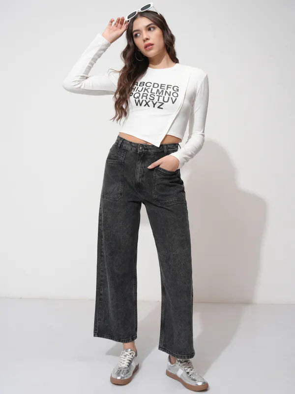 Classic Grey Straight Fit Stretchable Jeans with Versatile Styling for Women