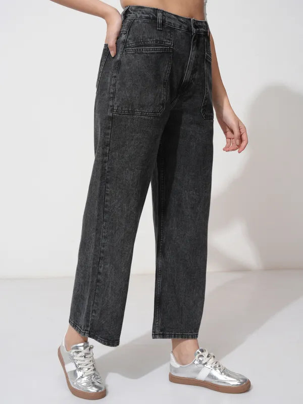 Classic Grey Straight Fit Stretchable Jeans with Versatile Styling for Women