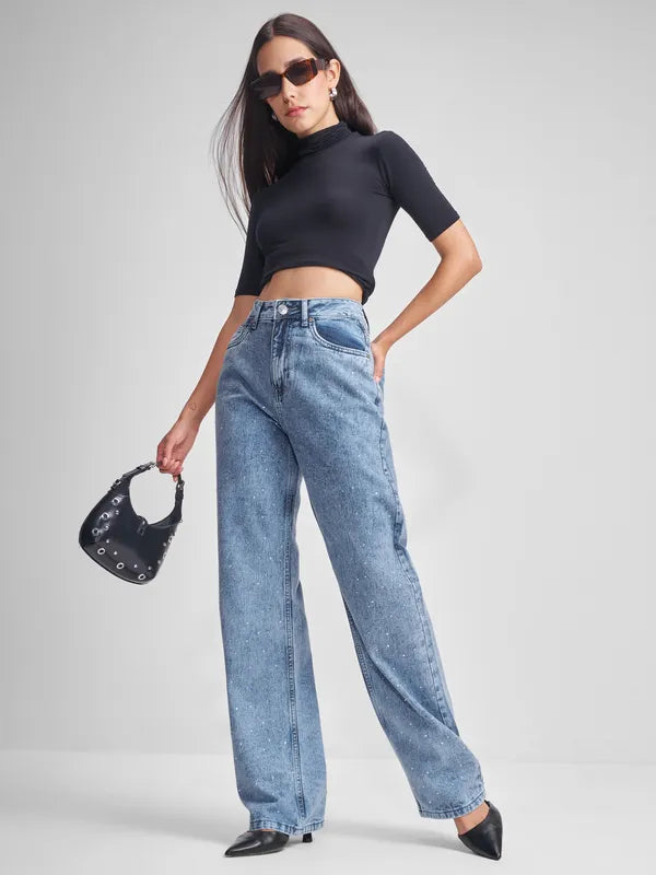 Women’s Blue Dad Fit Jeans with Relaxed High-Rise Waist and Comfortable Silhouette