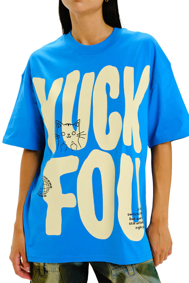 Women’s Yuck Fou Blue Oversized T-Shirt with Trendy Statement Design and Comfortable Fit
