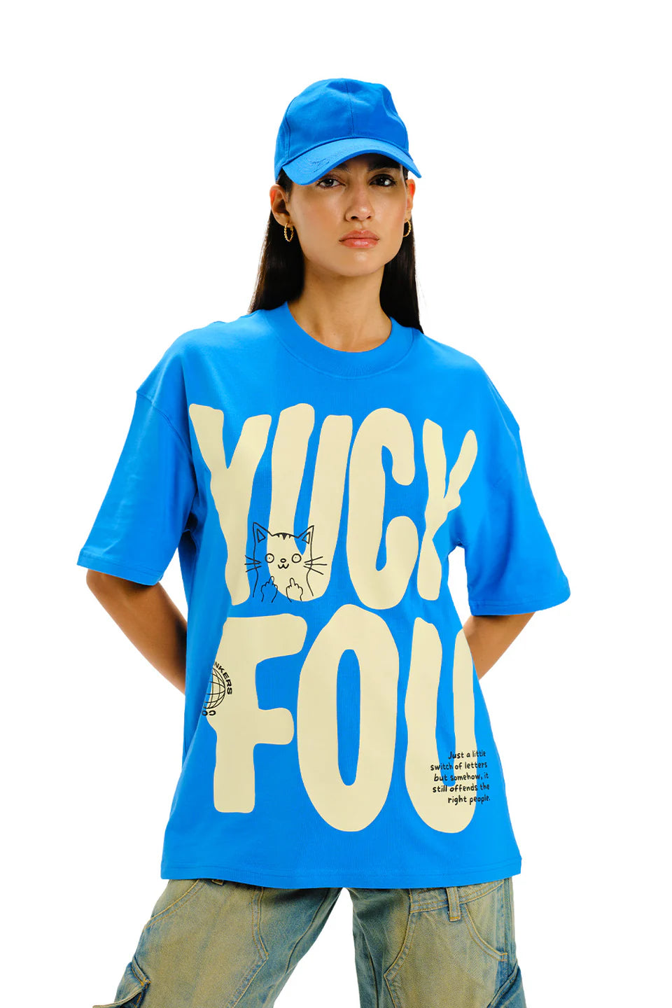 Women’s Yuck Fou Blue Oversized T-Shirt with Trendy Statement Design and Comfortable Fit