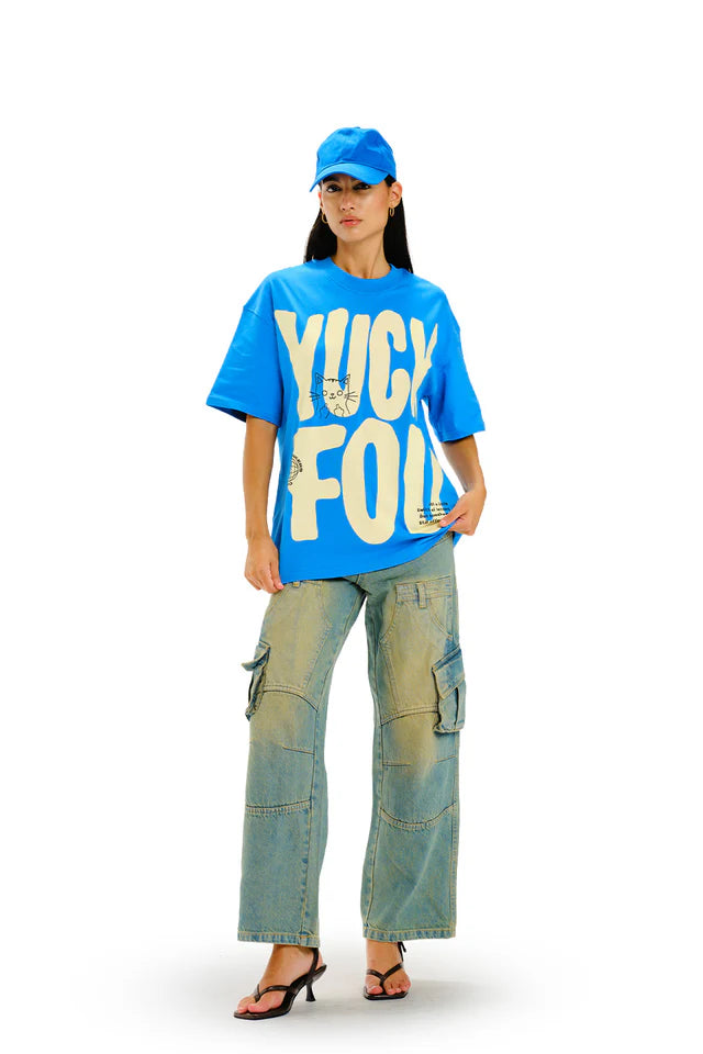 Women’s Yuck Fou Blue Oversized T-Shirt with Trendy Statement Design and Comfortable Fit