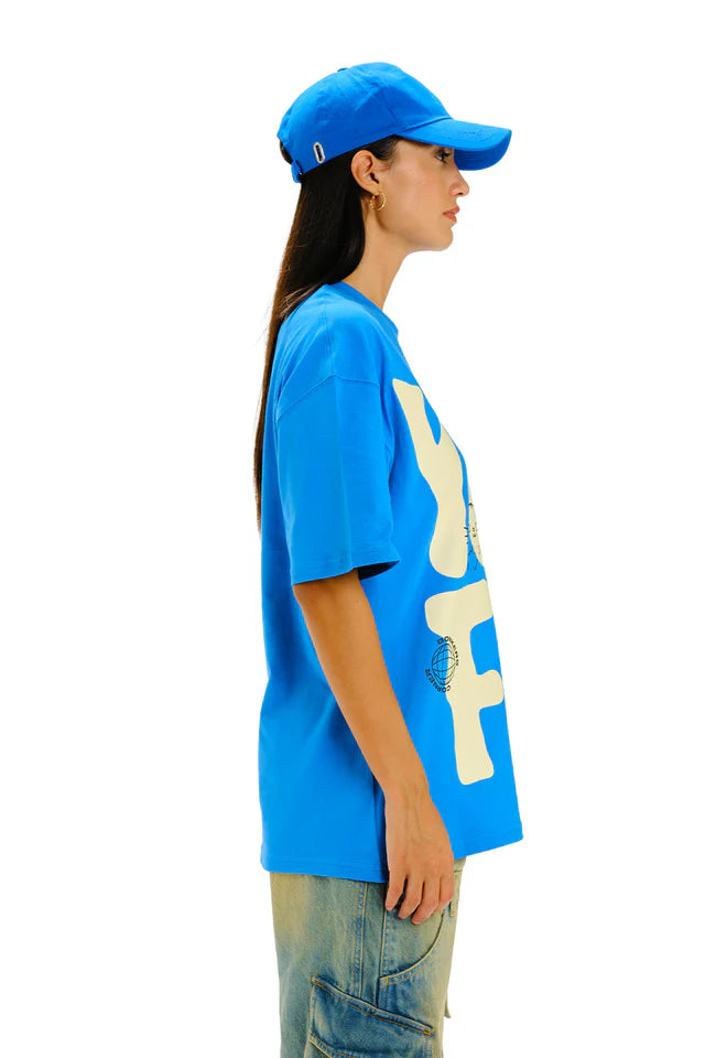 Women’s Yuck Fou Blue Oversized T-Shirt with Trendy Statement Design and Comfortable Fit