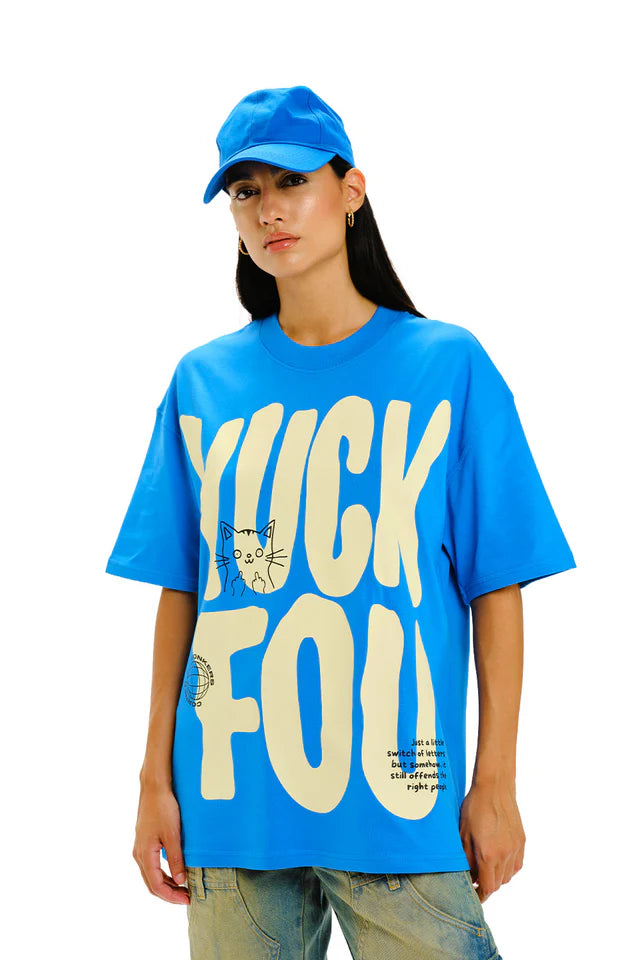 Women’s Yuck Fou Blue Oversized T-Shirt with Trendy Statement Design and Comfortable Fit