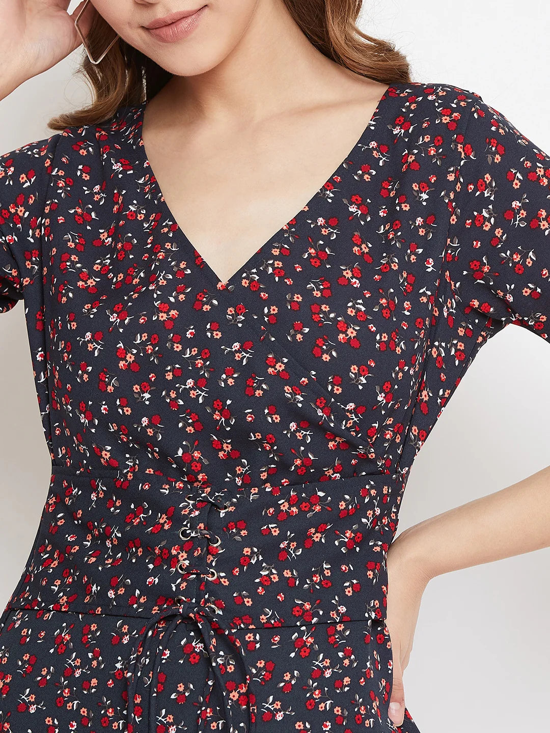 Navy Blue Floral Printed Fit & Flare Mini Dress