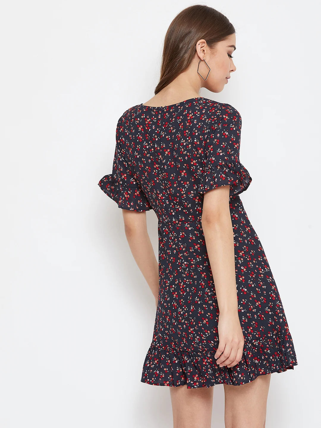 Navy Blue Floral Printed Fit & Flare Mini Dress