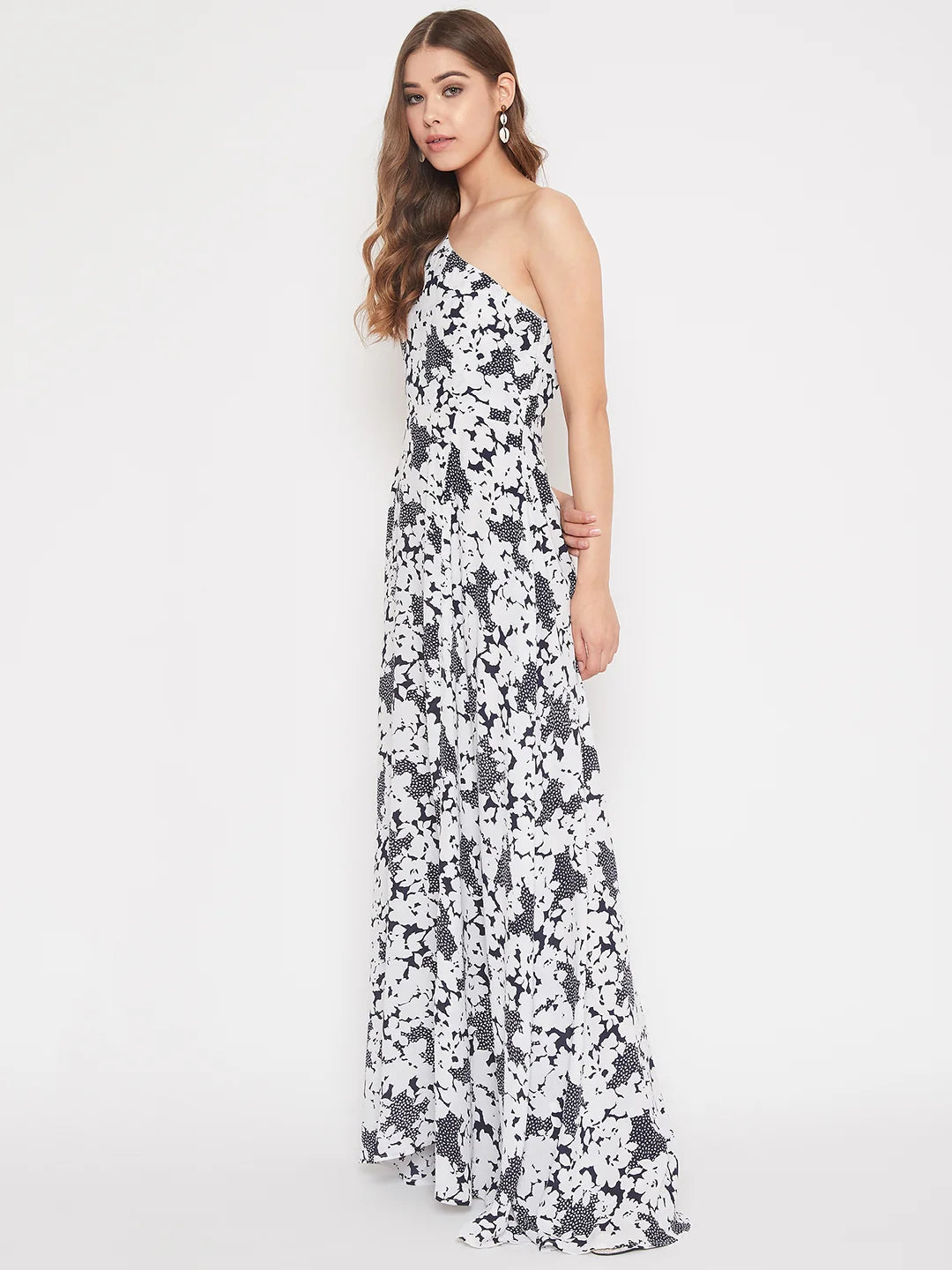 Black & White Floral Printed One-Shoulder Flared Maxi Dress