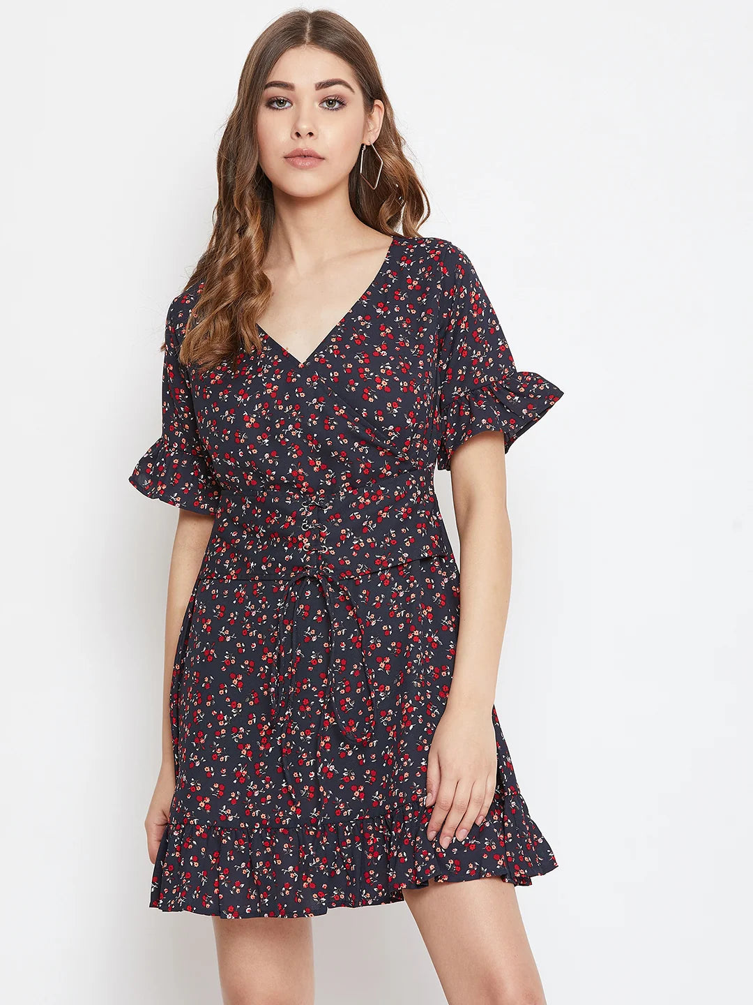 Navy Blue Floral Printed Fit & Flare Mini Dress