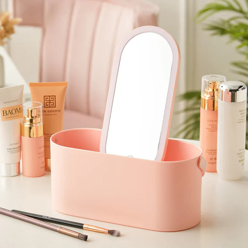 Detachable LED Mirror Cosmetic Organizer Box Portable Vanity Case with USB-C Charging for Travel