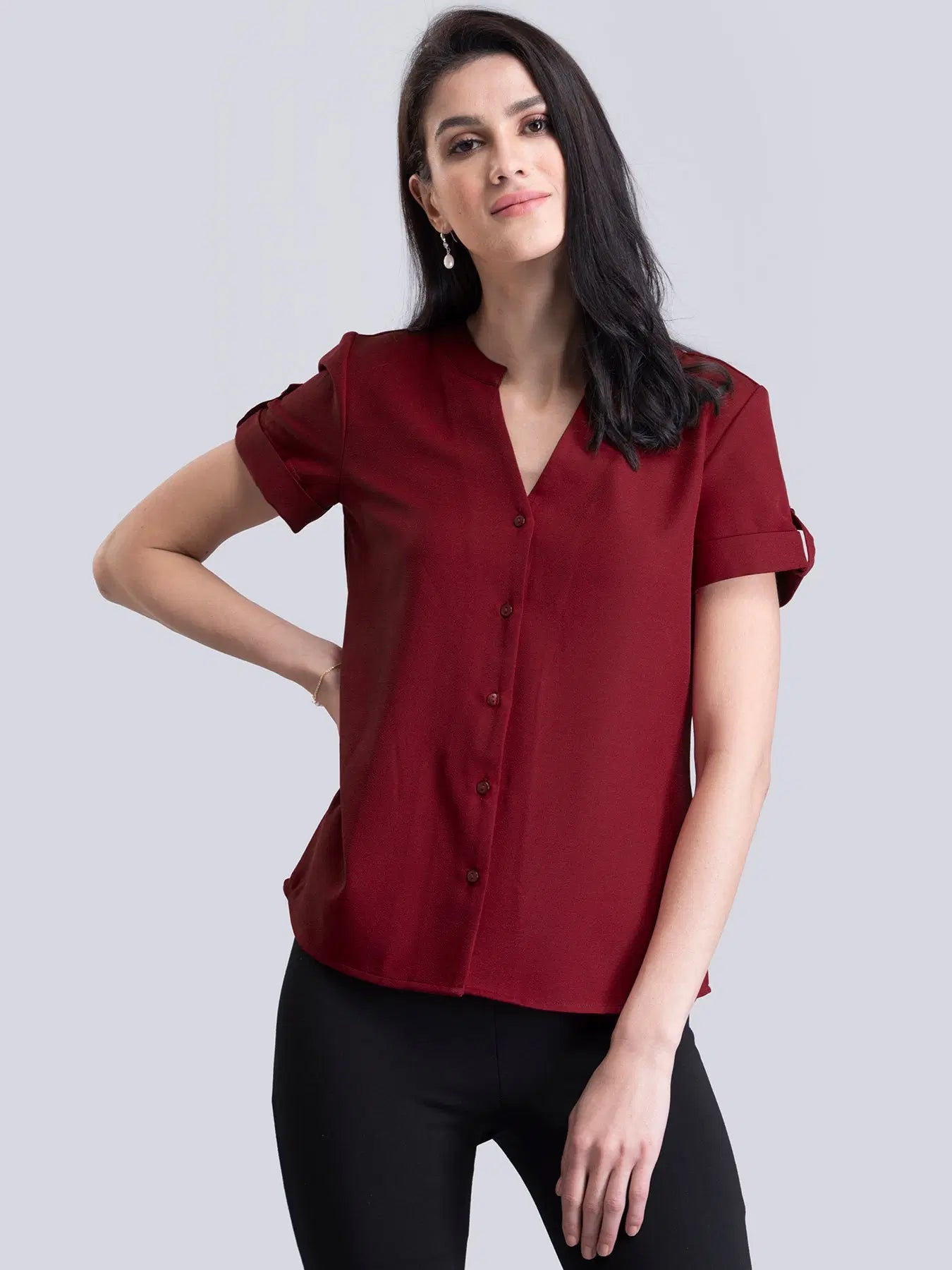 Classic Red V-Neck Short Sleeve Top for Women