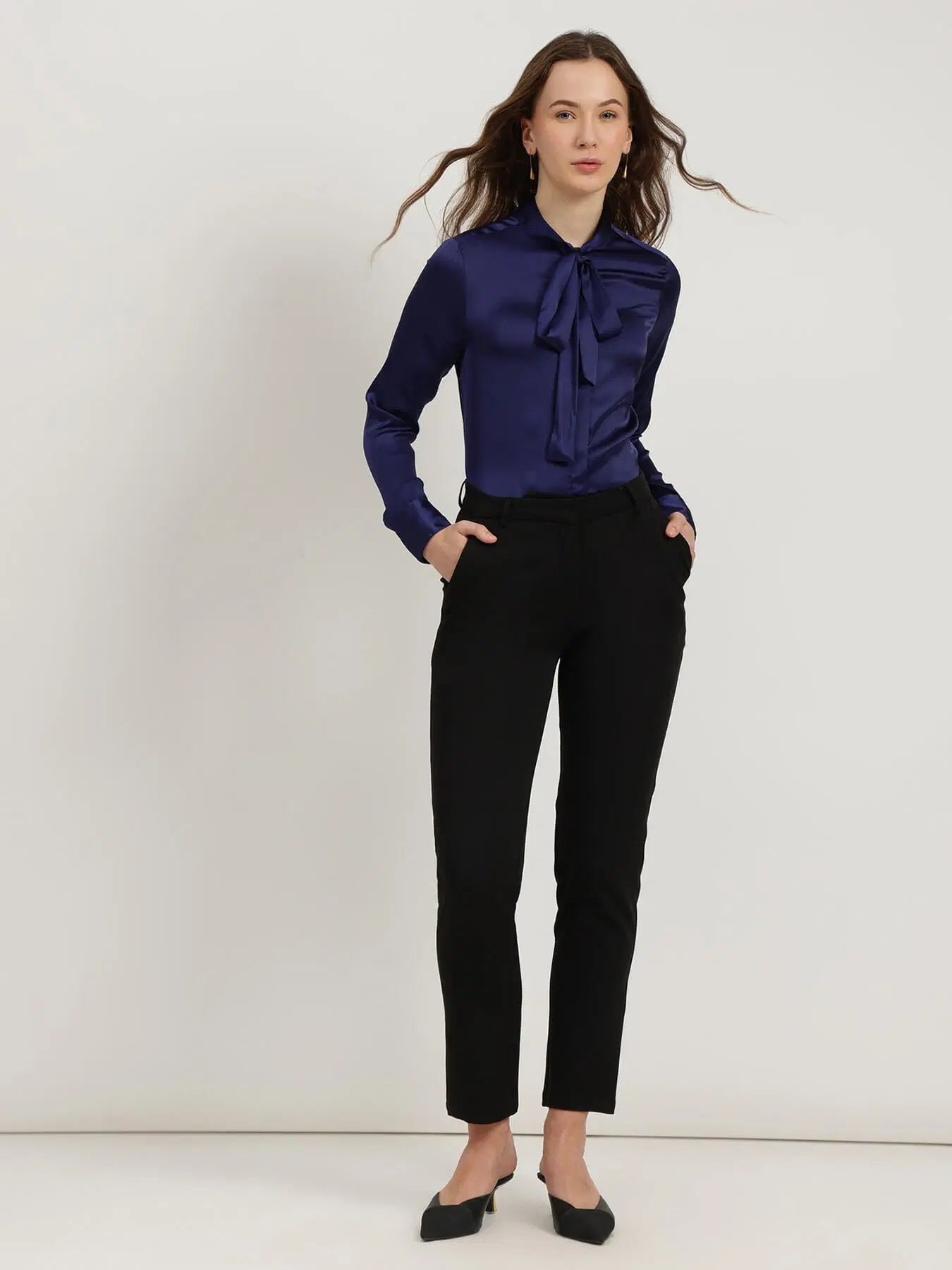 Navy Blue Satin Bow-Tie Shirt for Women with Chic Formal Style