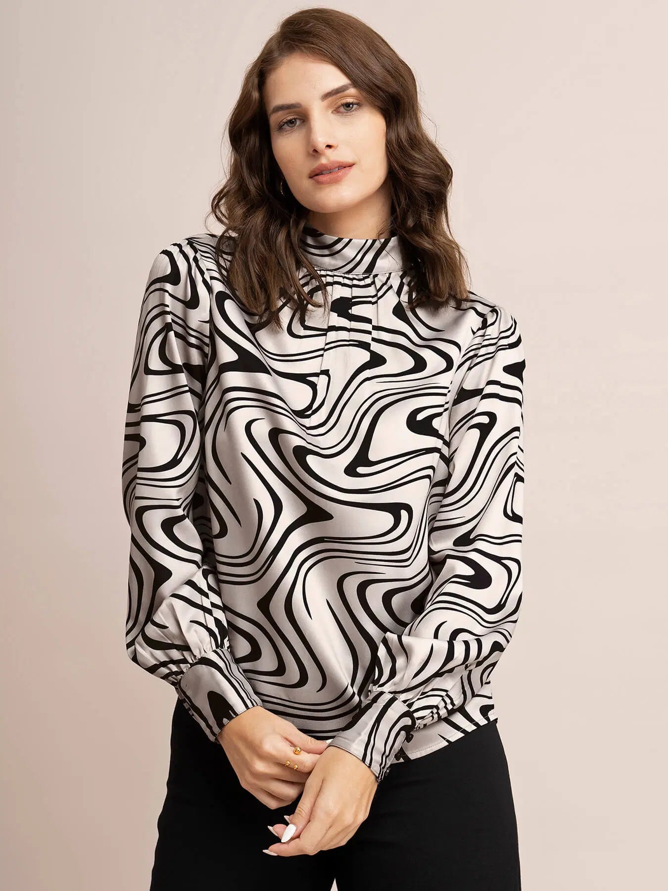 Satin Abstract Print Top - Beige And Black