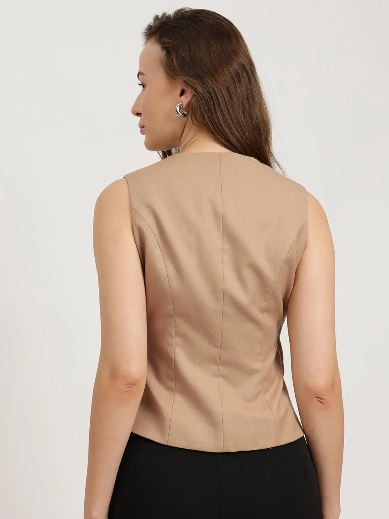 Beige Pleated Waistcoat Top for Women with Elegant Sleeveless Fit
