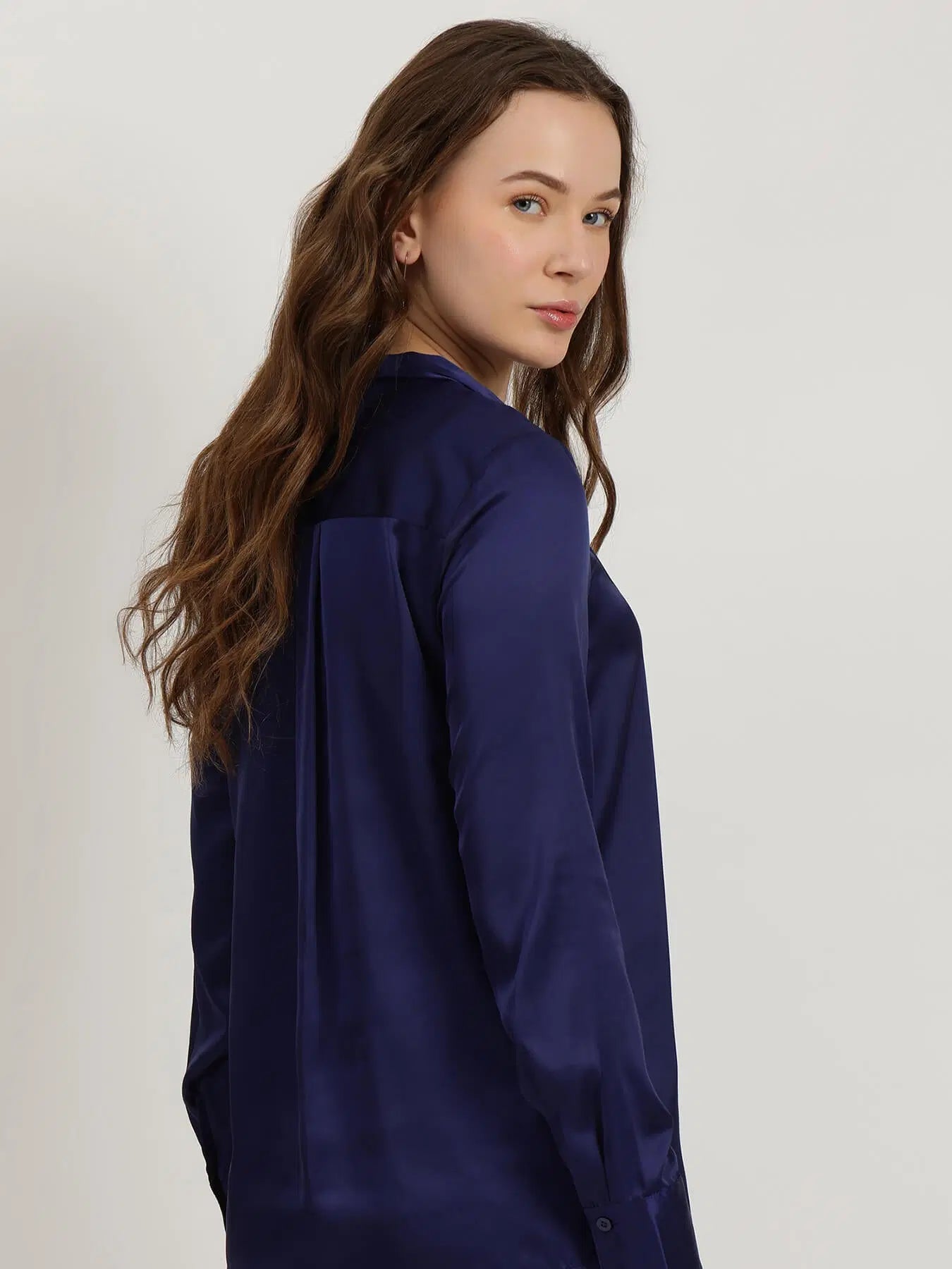 Navy Blue Satin Bow-Tie Shirt for Women with Chic Formal Style