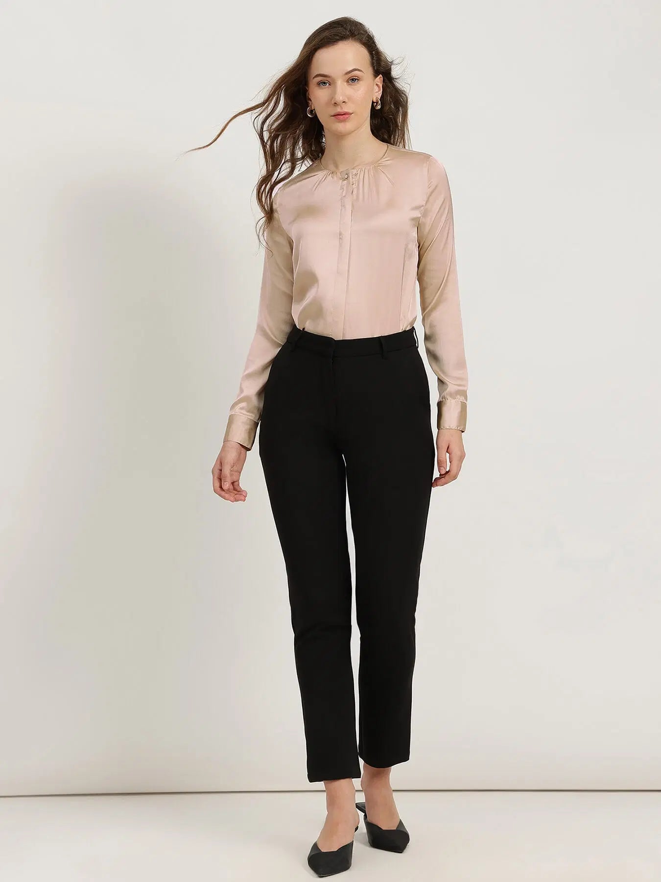 Satin Gathered Neck Shirt - Beige For Women