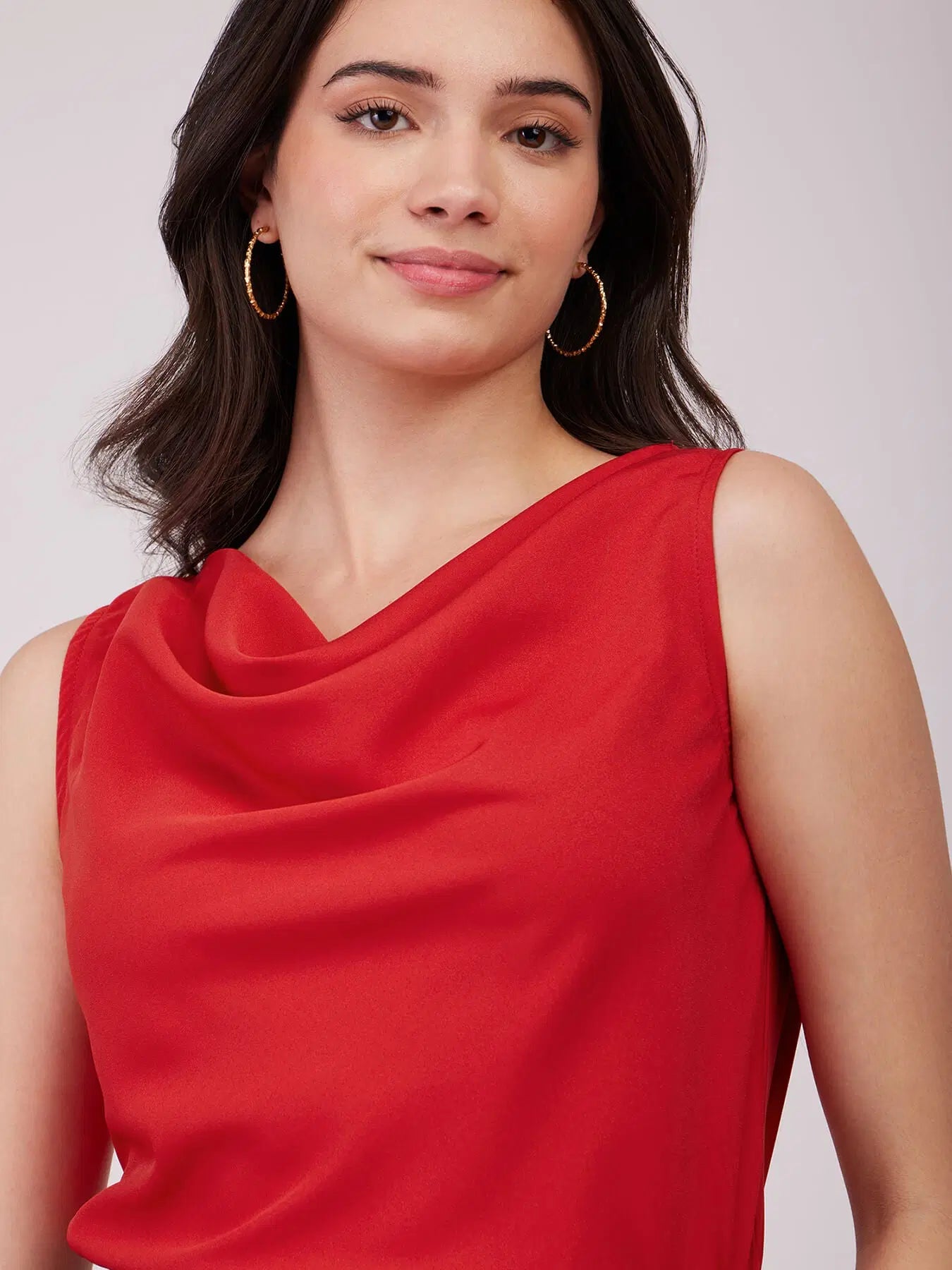 Women’s Cowl Neck Top in Red with Elegant Draped Neckline
