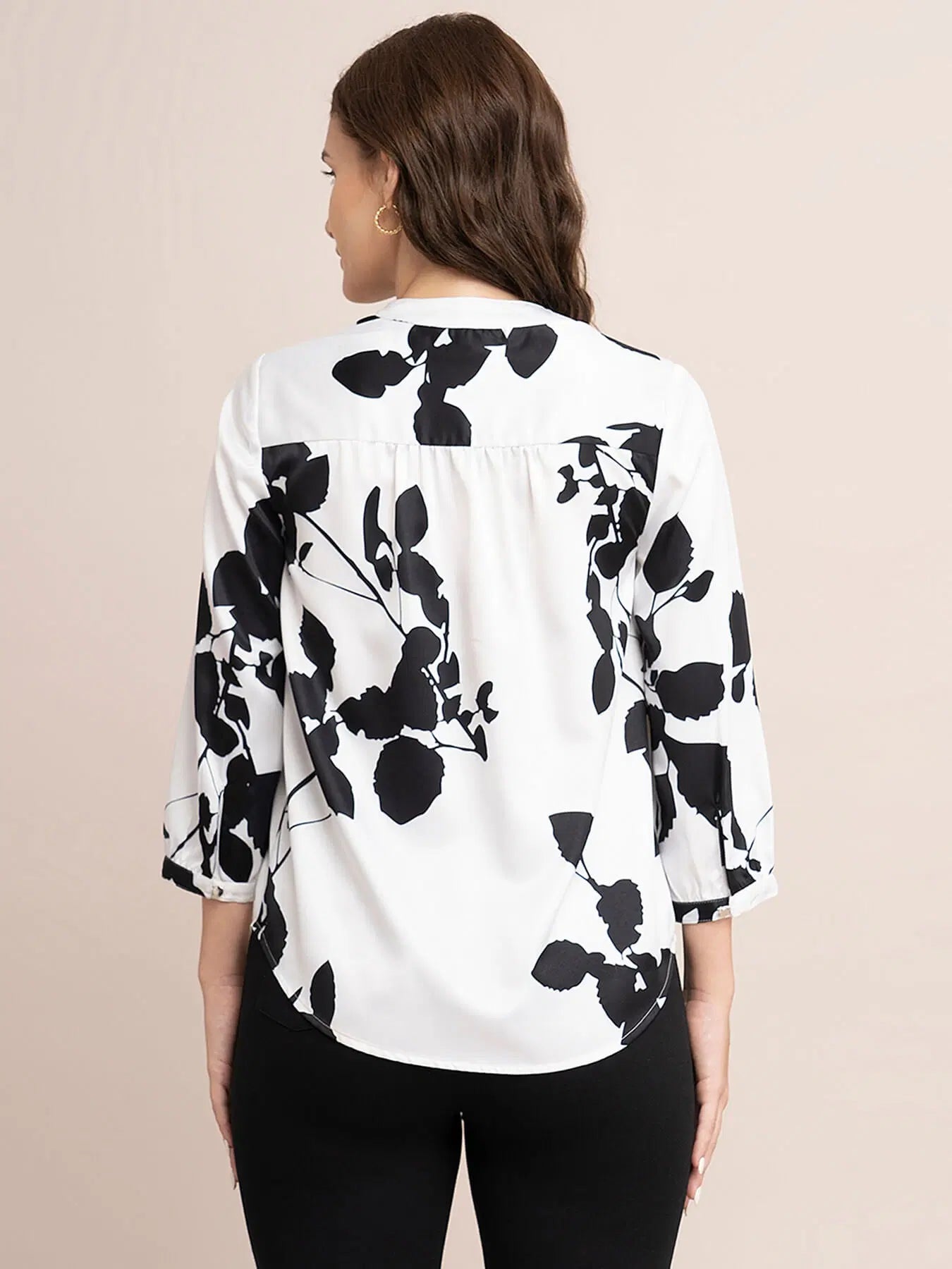 Satin Floral Print Top - White And Black For Women