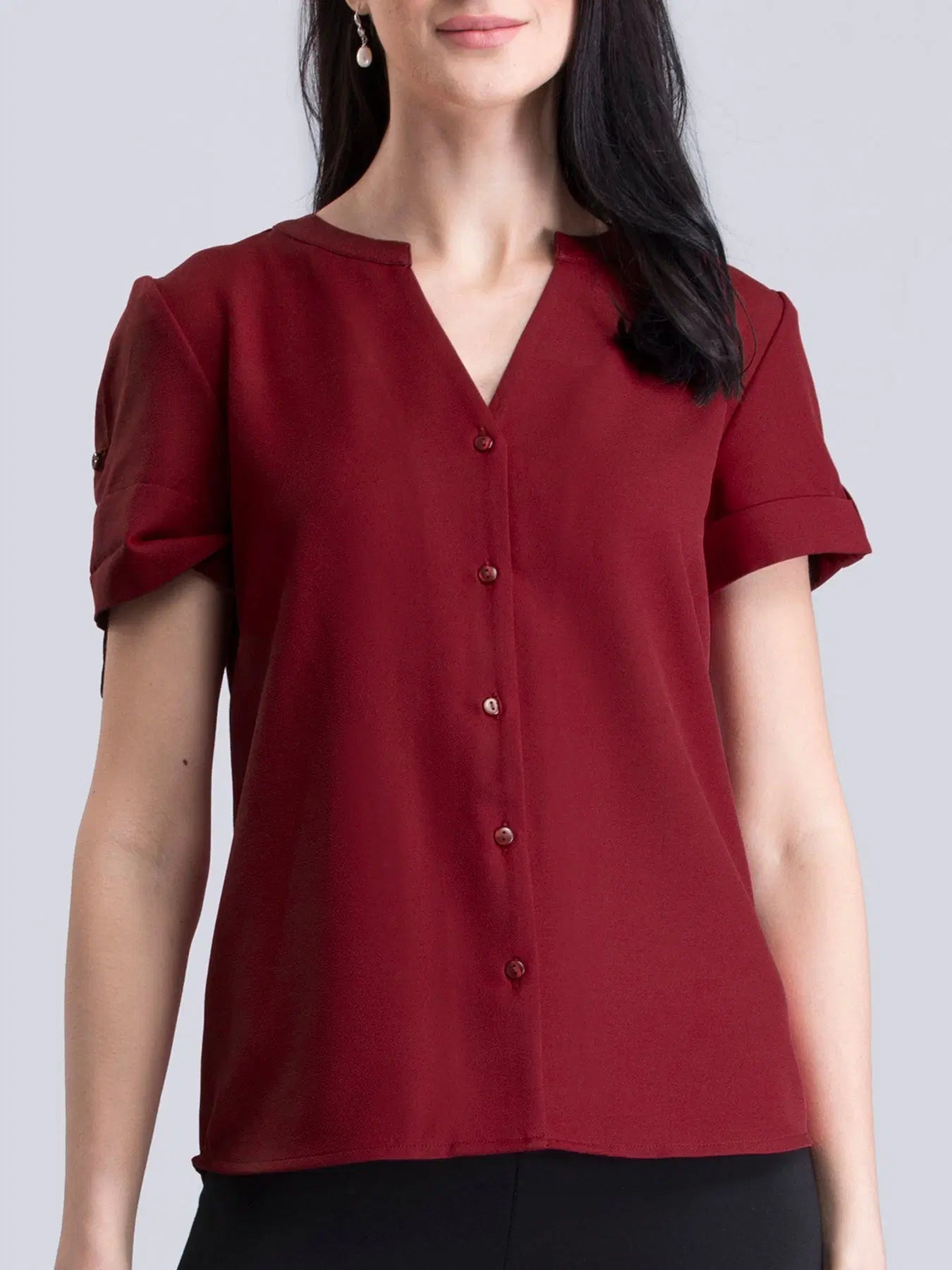 Classic Red V-Neck Short Sleeve Top for Women