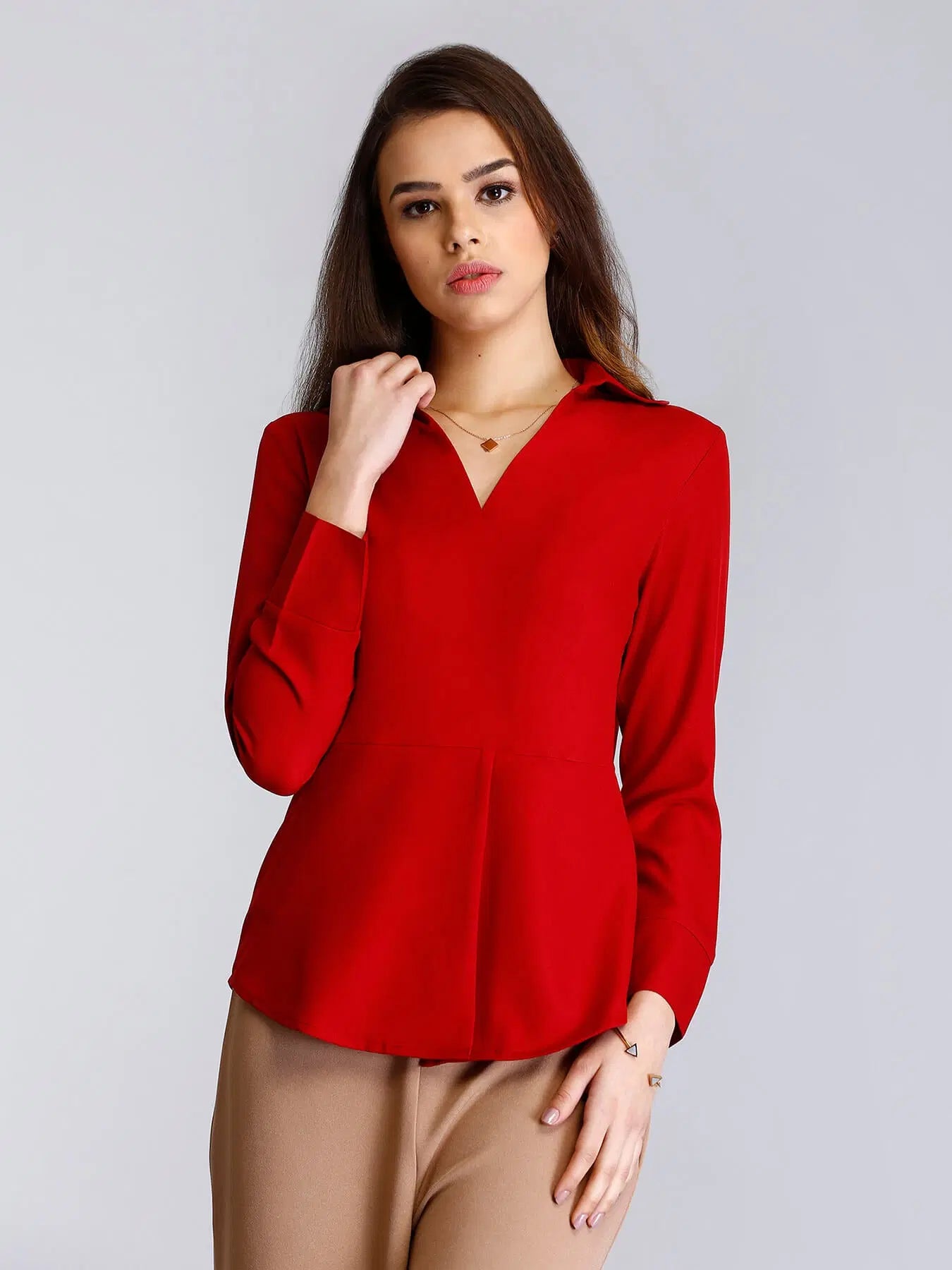 Surplice Neck Pleated Top - Red For Women
