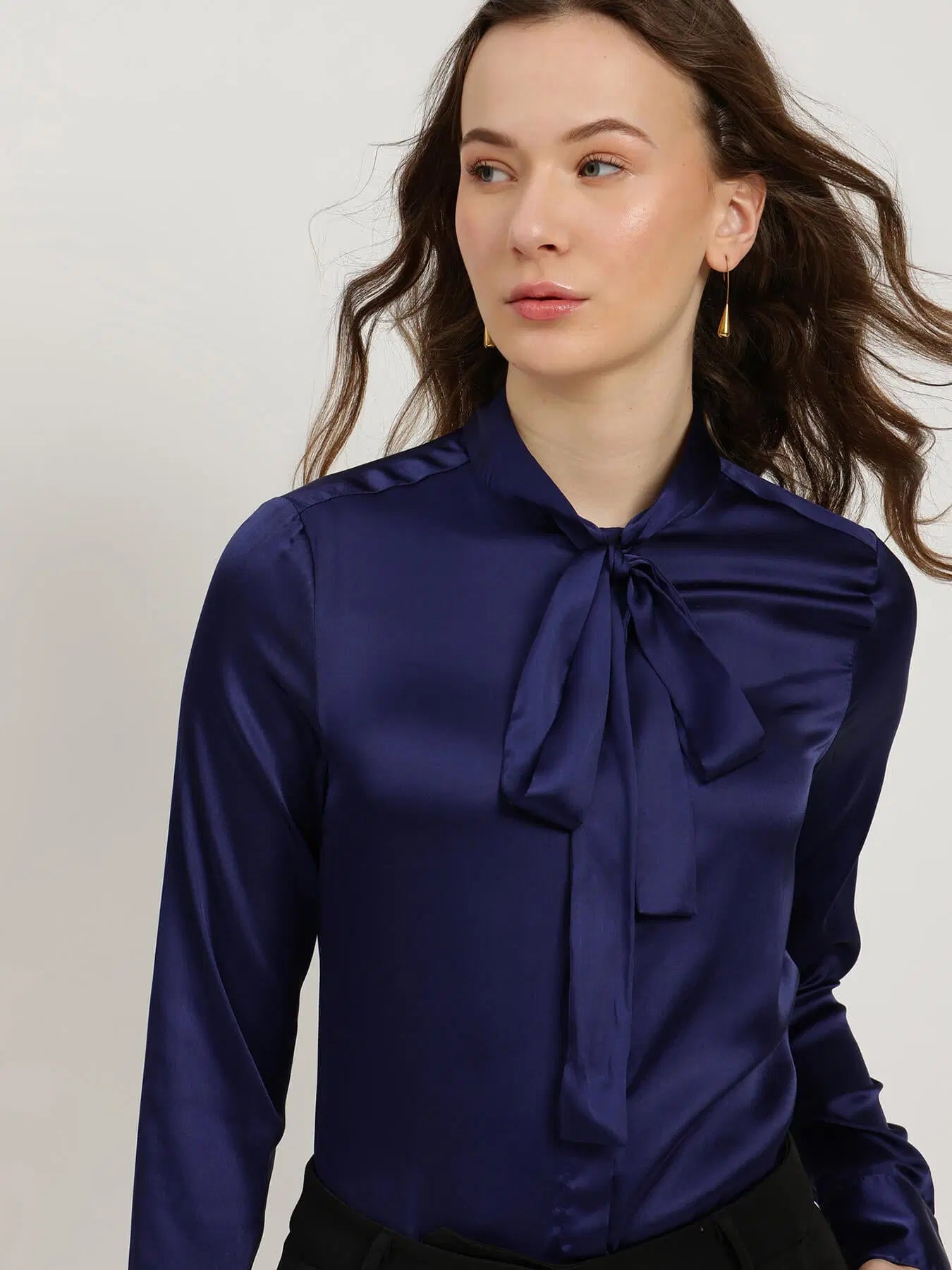 Navy Blue Satin Bow-Tie Shirt for Women with Chic Formal Style