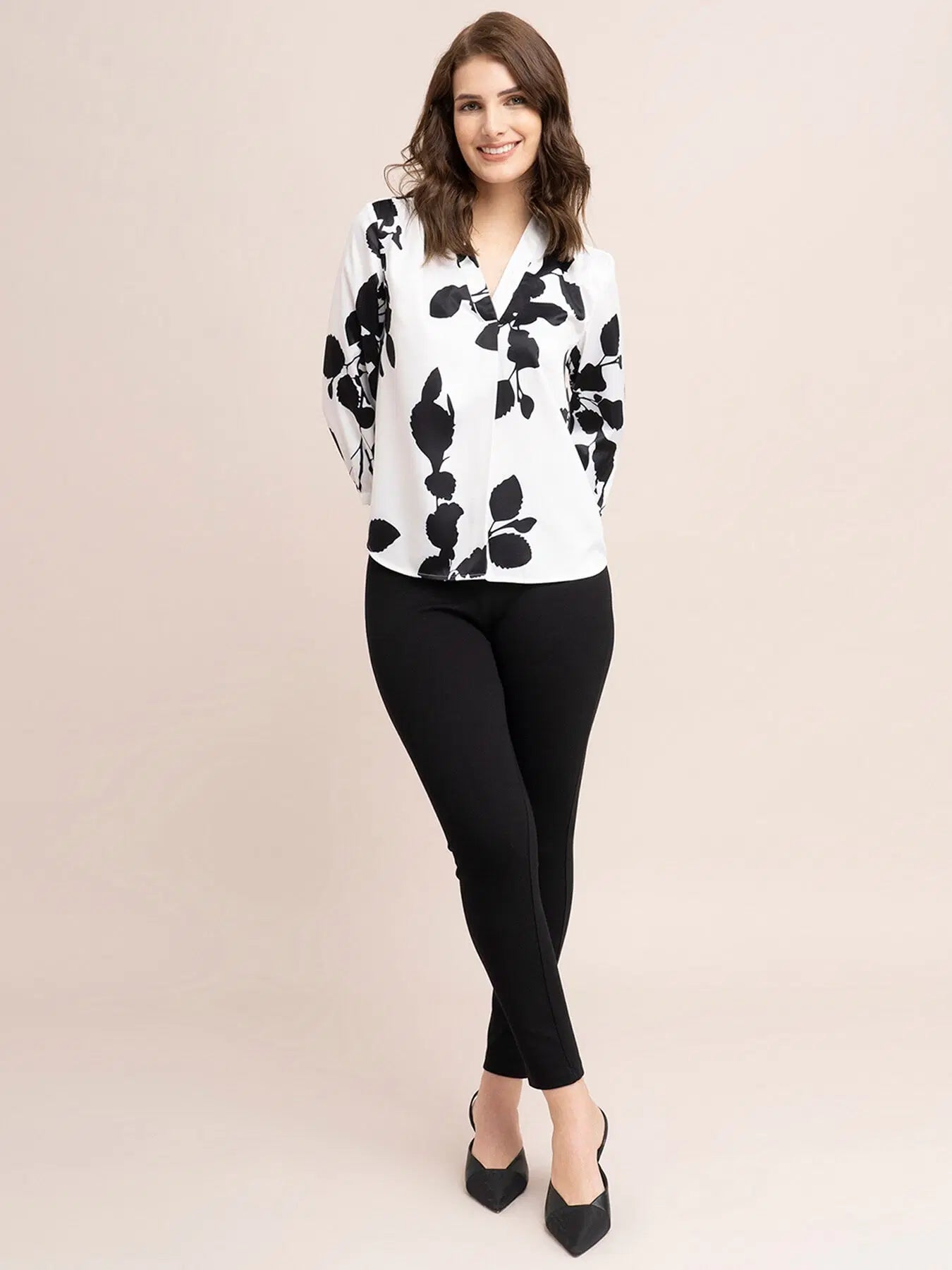 Satin Floral Print Top - White And Black For Women