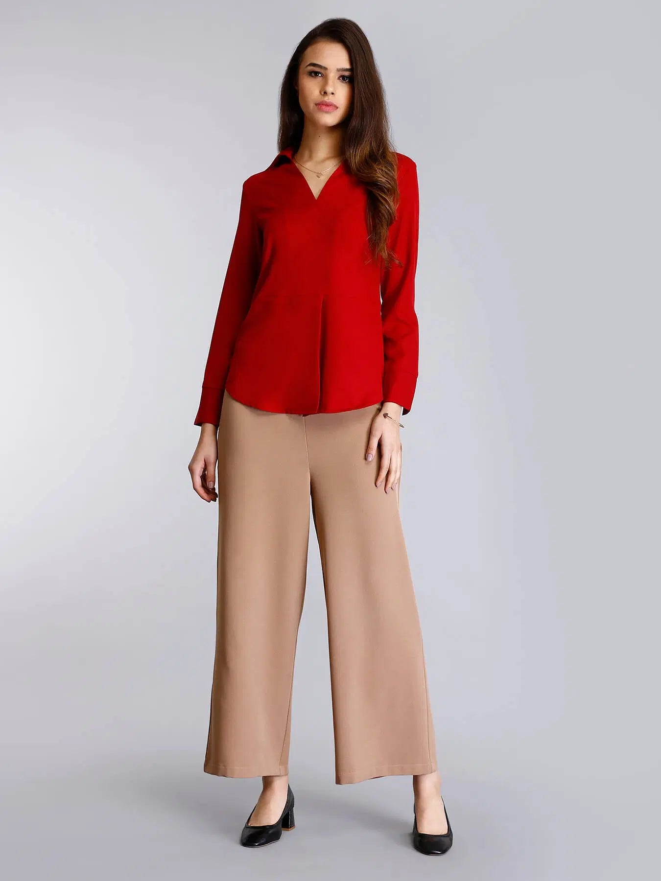 Surplice Neck Pleated Top - Red For Women