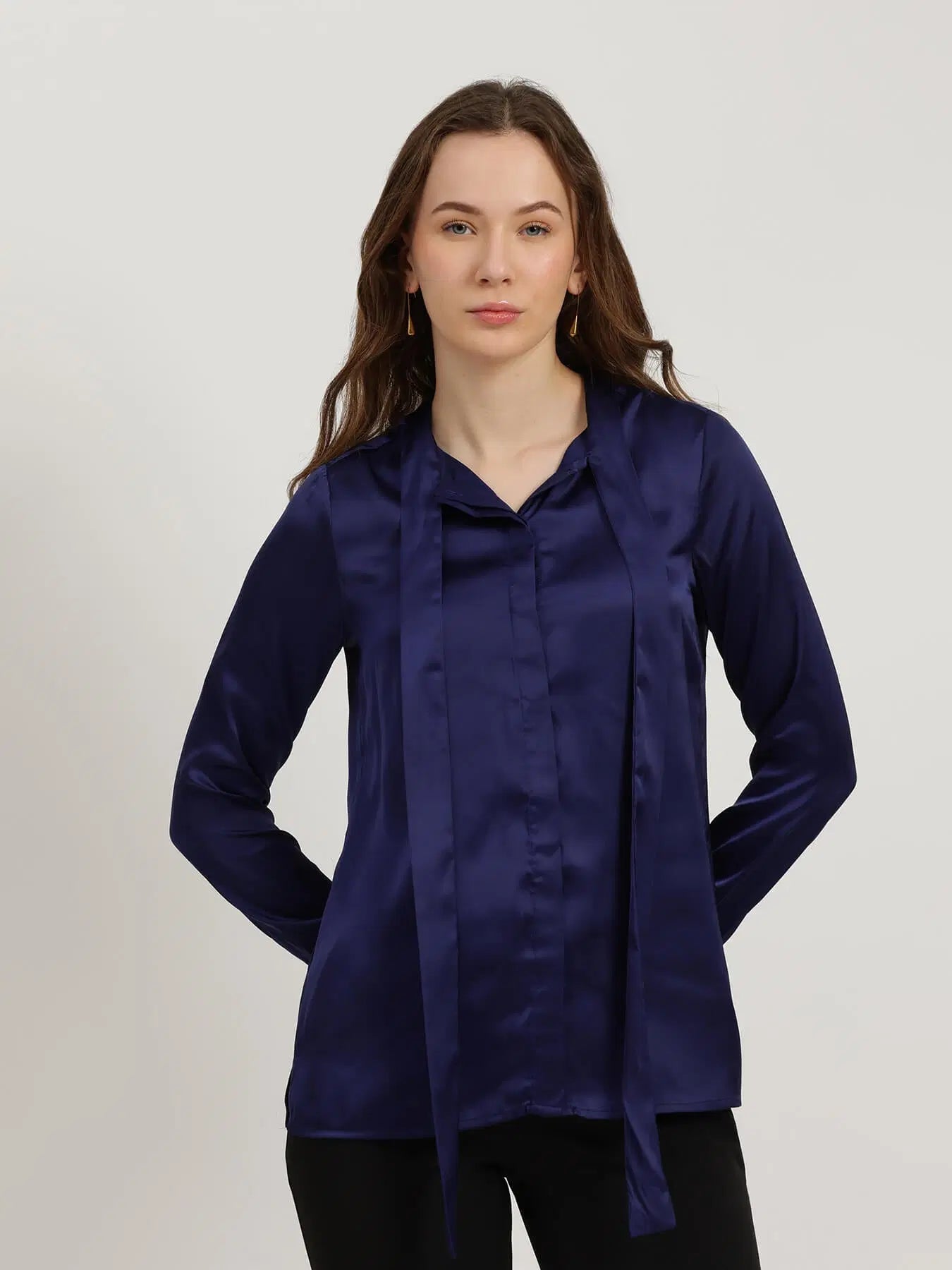 Navy Blue Satin Bow-Tie Shirt for Women with Chic Formal Style