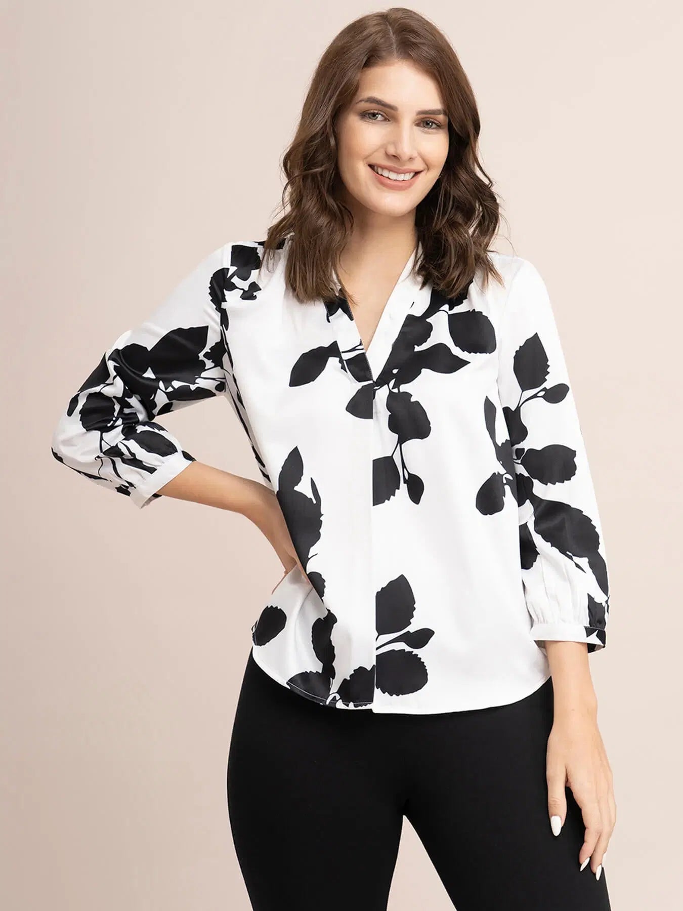 Satin Floral Print Top - White And Black For Women