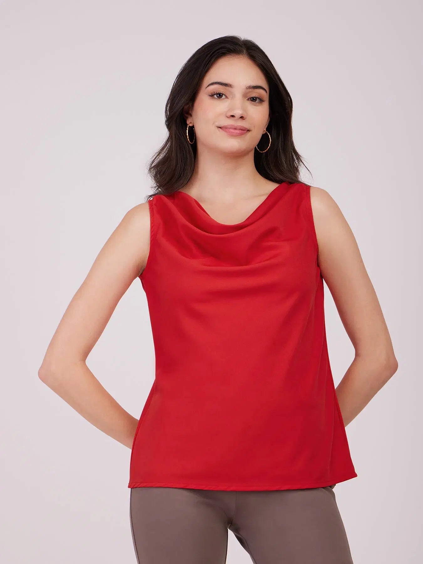 Women’s Cowl Neck Top in Red with Elegant Draped Neckline