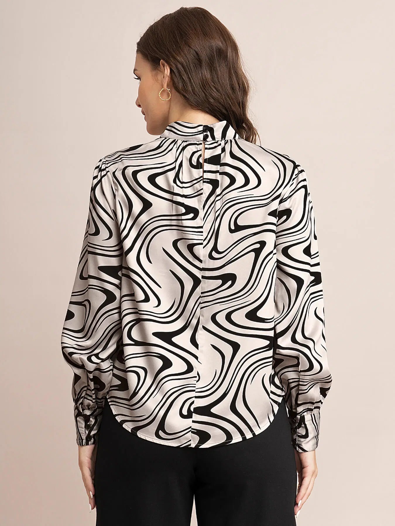 Satin Abstract Print Top - Beige And Black