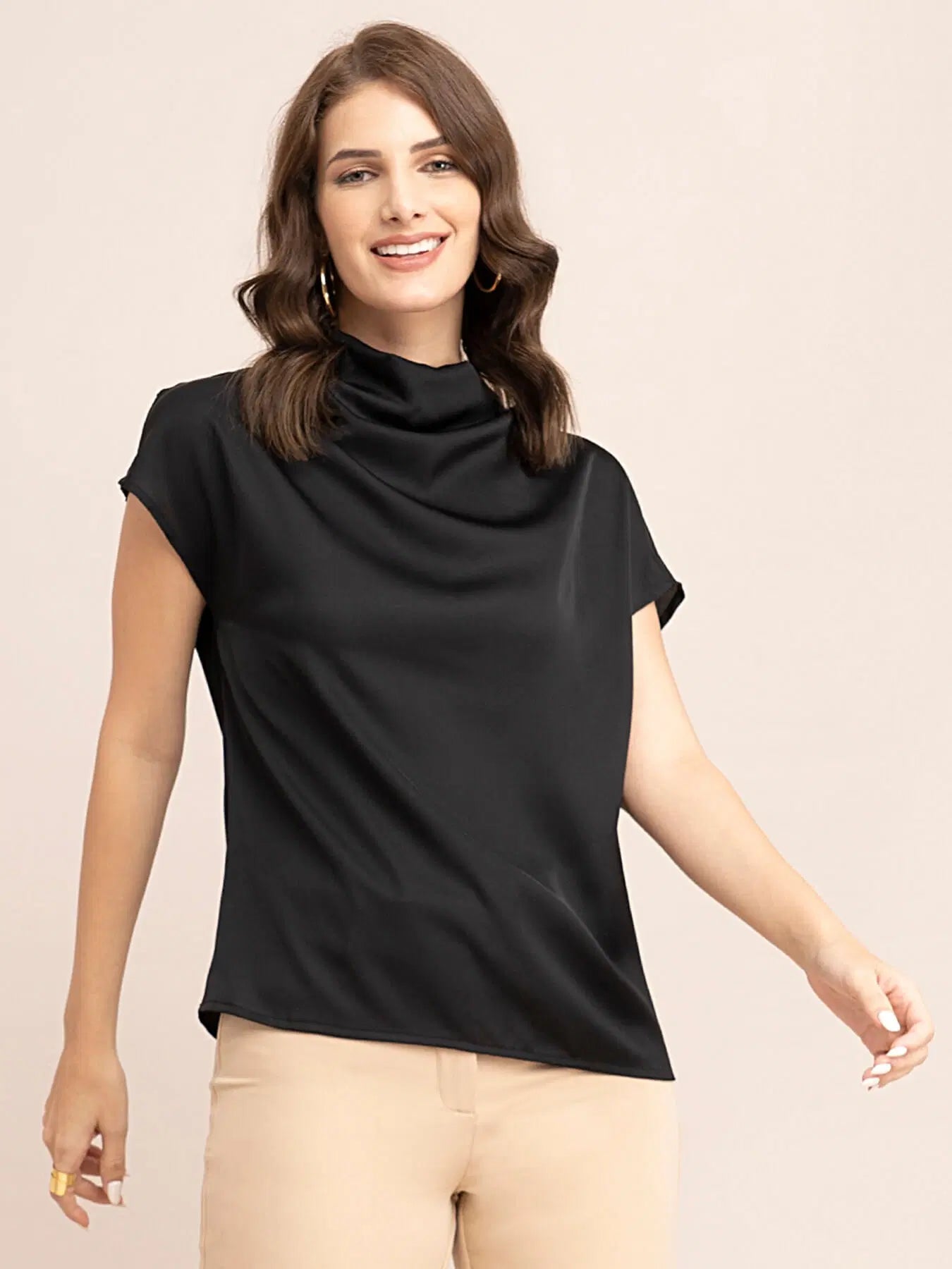 Stylish Women’s Black Satin Cowl Neck Top for Evening and Party Wear