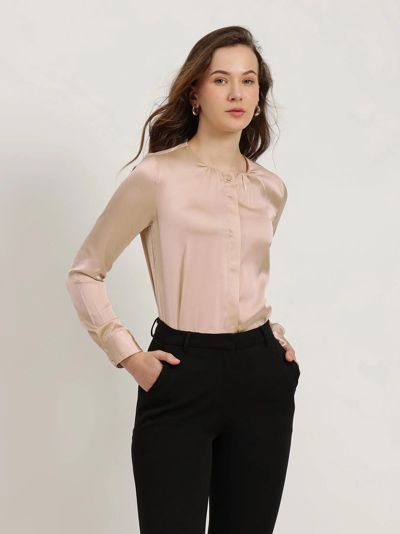 Satin Gathered Neck Shirt - Beige For Women