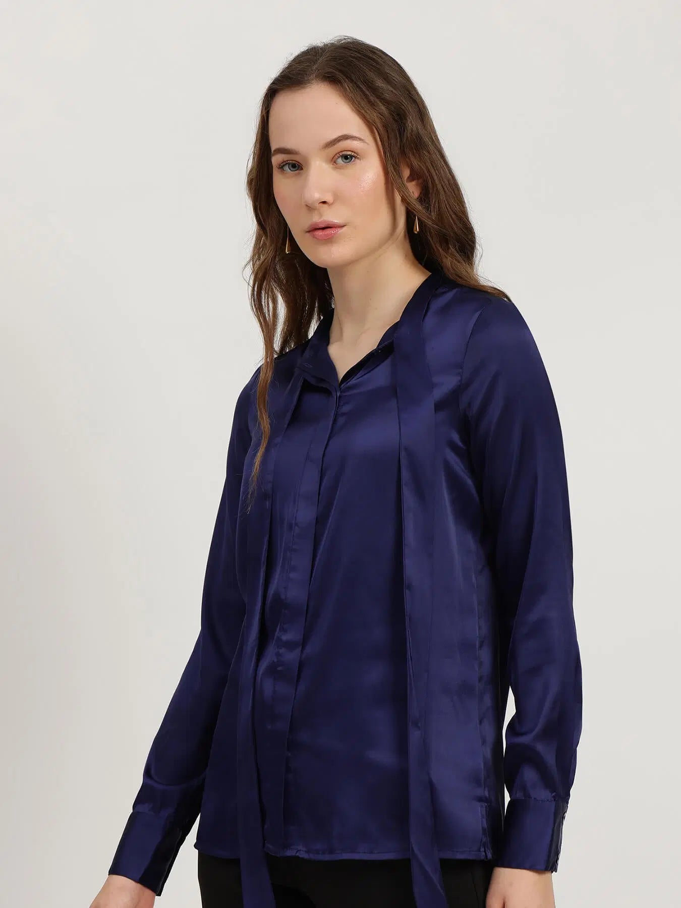 Navy Blue Satin Bow-Tie Shirt for Women with Chic Formal Style