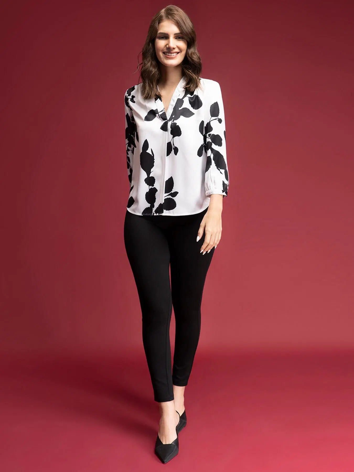 Satin Floral Print Top - White And Black For Women