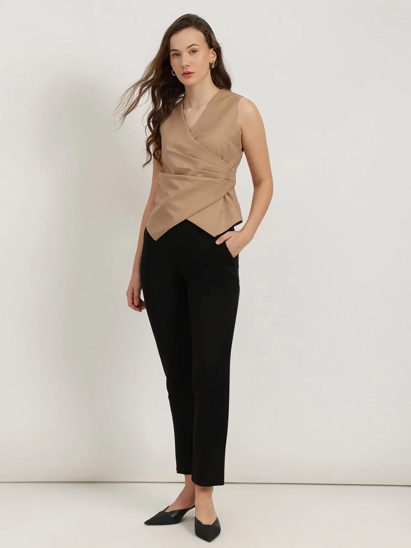 Beige Pleated Waistcoat Top for Women with Elegant Sleeveless Fit