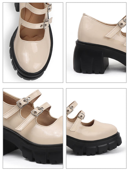 Women’s Double Buckle Chunky Mary Jane Shoes in Beige with Comfortable Platform Sole