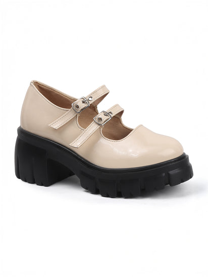 Women’s Double Buckle Chunky Mary Jane Shoes in Beige with Comfortable Platform Sole