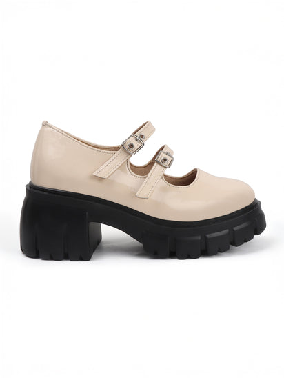 Women’s Double Buckle Chunky Mary Jane Shoes in Beige with Comfortable Platform Sole