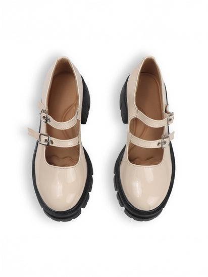 Women’s Double Buckle Chunky Mary Jane Shoes in Beige with Comfortable Platform Sole